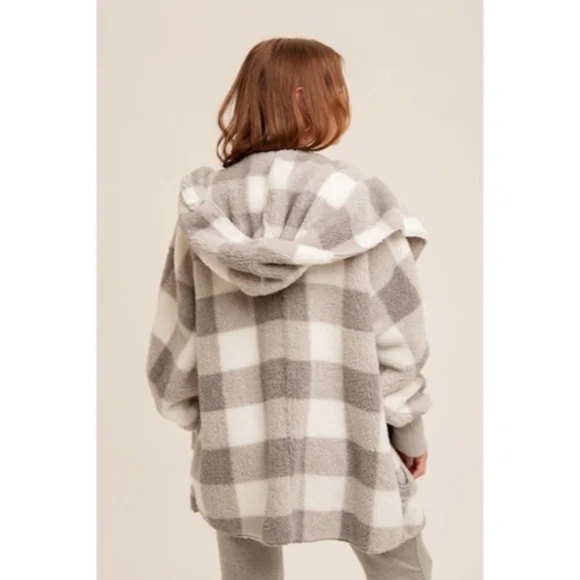 Gray & White Check Checkered Print Soft Sherpa Hoodie Cardigan - Picture 8 of 8